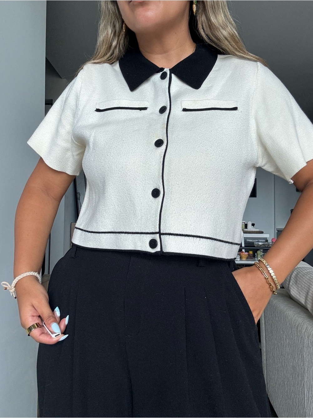 OAK + FORT Black & White Cropped Button-Front Top